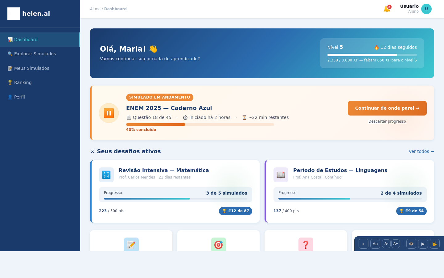 Dashboard do aluno com barra de acessibilidade