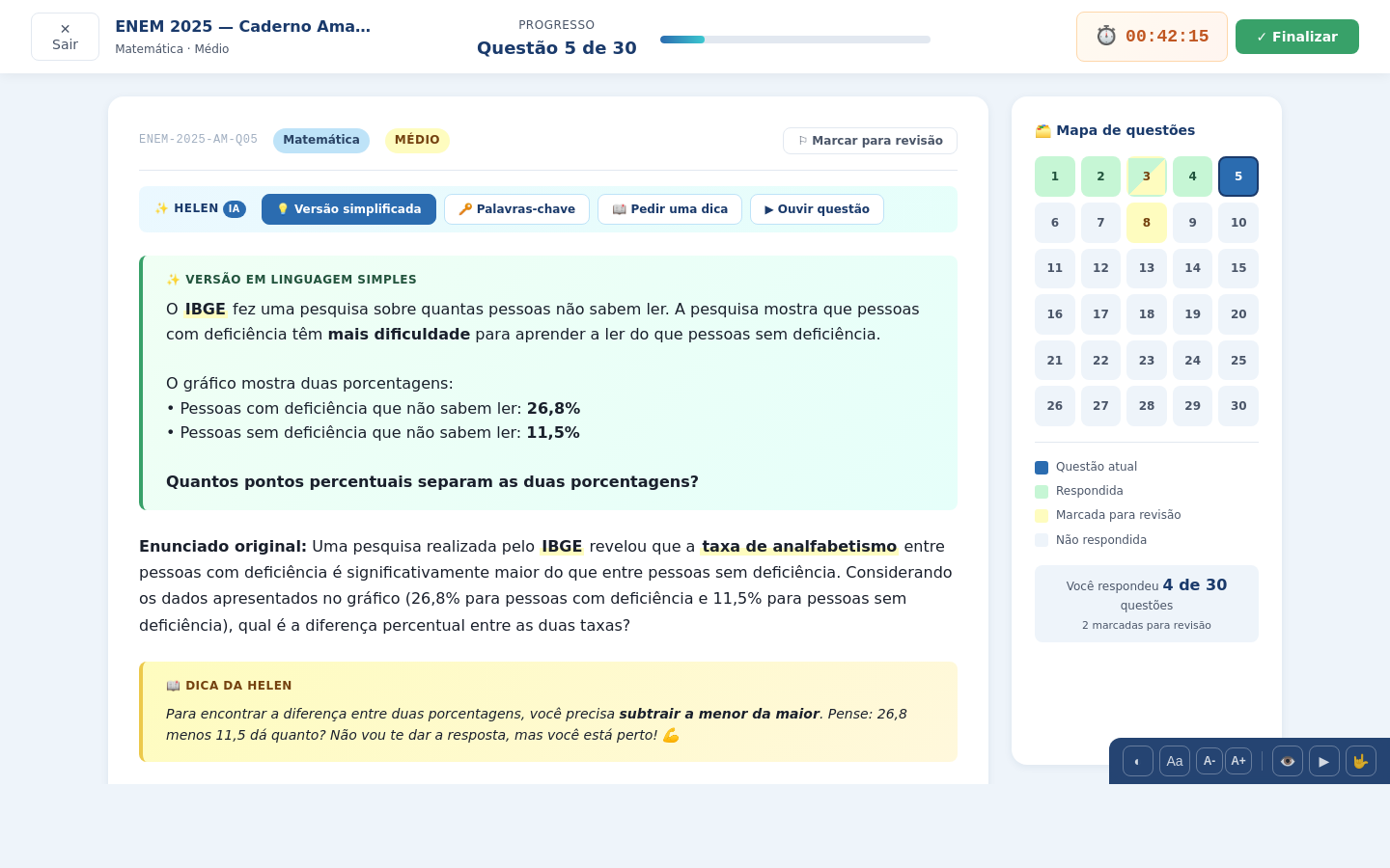 Tela de questão com toolbar da Helen